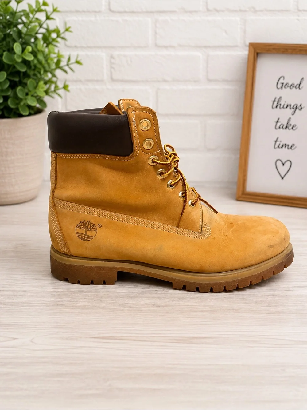 Timberland Wheat Nubuck Work Boot with Dark Brown Collar